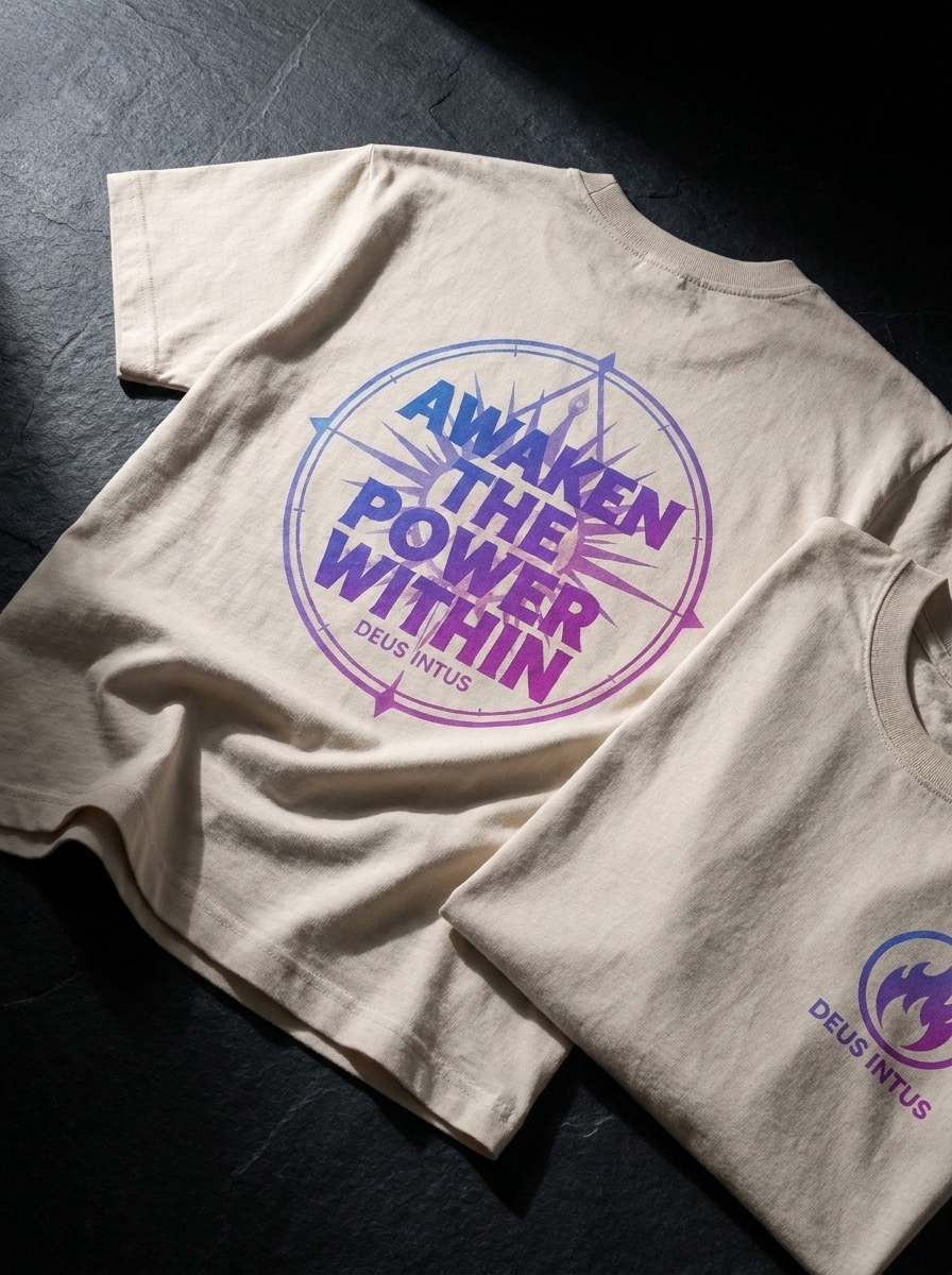 Deus Intus flat lay featuring the Awaken the Power Within tee in real product photography